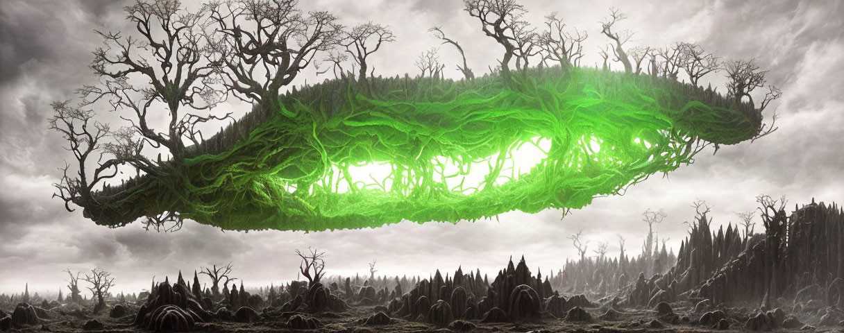 Fantastical floating island with glowing green roots above barren landscape
