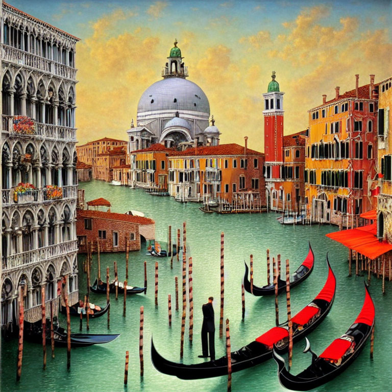 Illustration of Venice: Gondolas, Colorful Buildings, and Observer