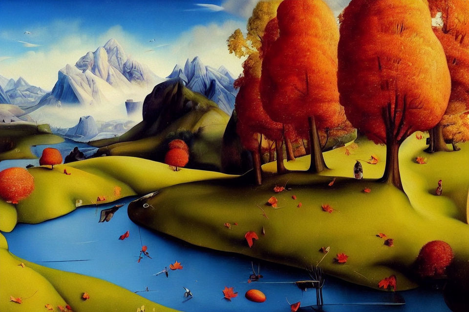 Surreal landscape painting with autumn trees, river, mountains, and tiny human figures