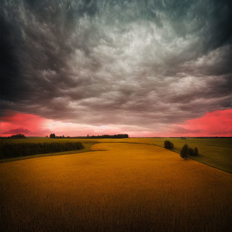 Golden Crop Field Under Dramatic Red and Stormy Sky