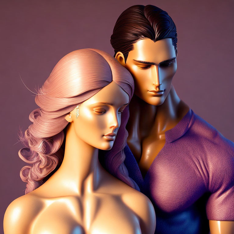 Stylized figures with sleek hair on purple background