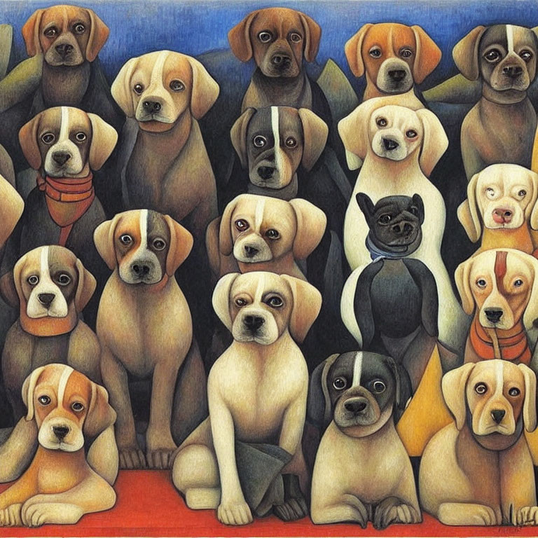 Illustration of diverse dogs with different expressions, featuring a hidden black cat.