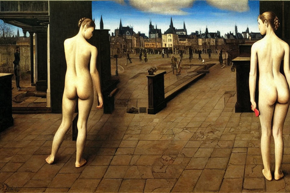 Nude figures on balcony with cityscape view