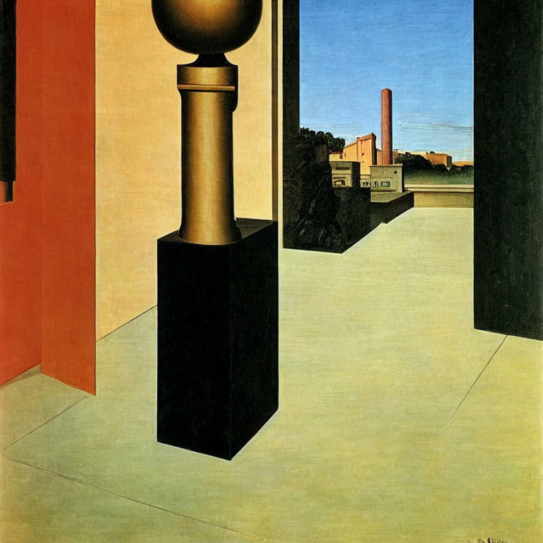 Surrealist painting with bold shapes, pedestal, sphere, shadows, industrial background