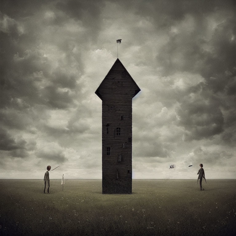 Surreal image of tall wooden house in field with figures and kite