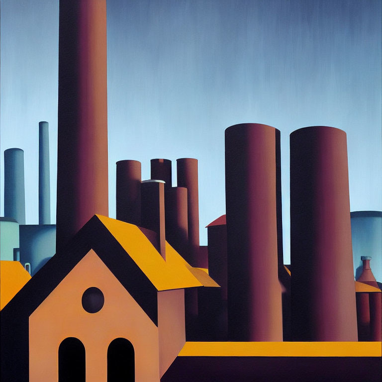 Industrial landscape with smokestacks, towers, and building under gradient sky