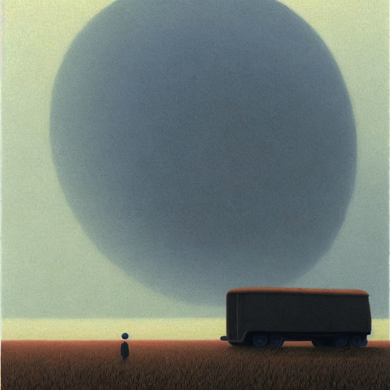Person standing by shadowy sphere and truck in flat landscape