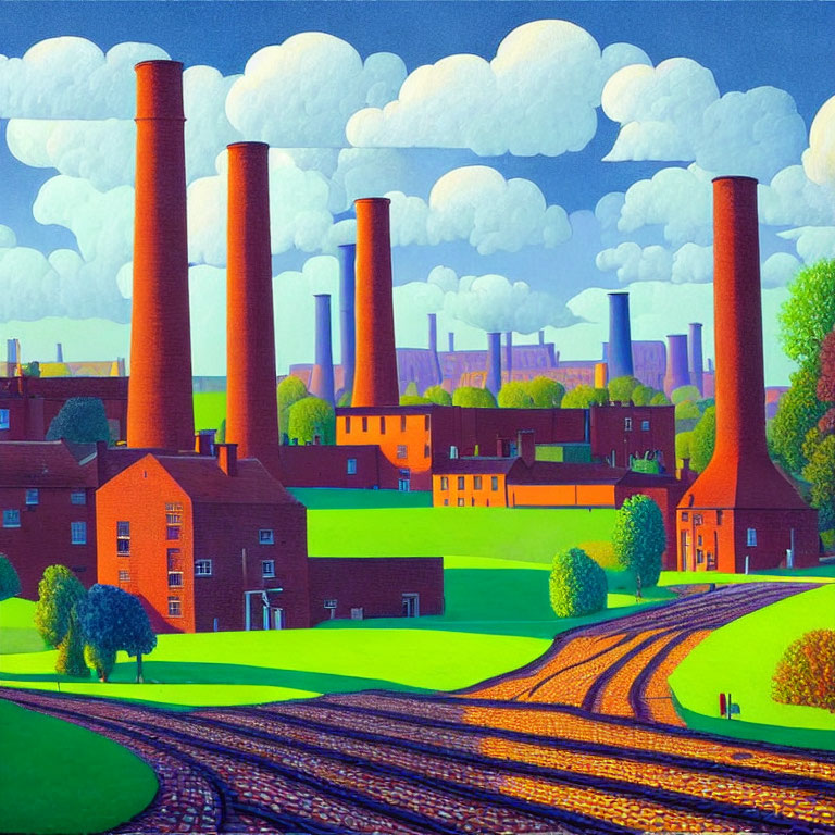 Illustration of industrial landscape with factories, smokestacks, and greenery under blue sky