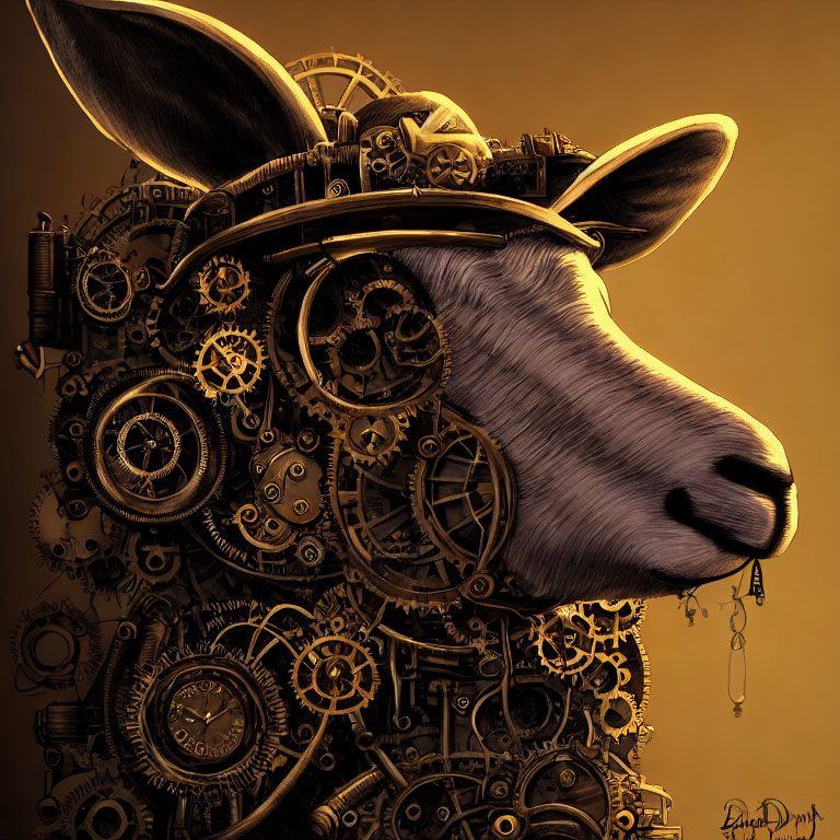 Steampunk Kangaroo Head Artwork with Metallic Gears