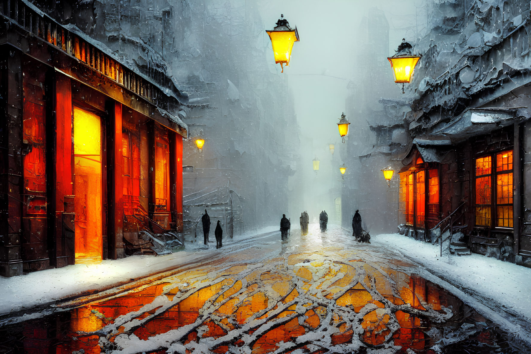 Snowy Street Scene with Golden-Lit Storefronts and Silhouetted Figures