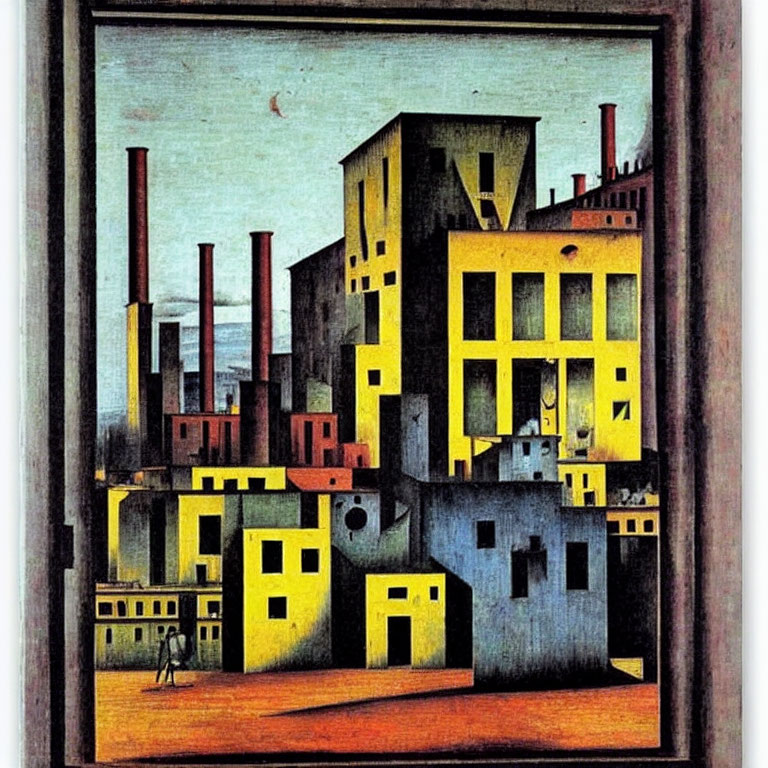 Industrial landscape painting with stylized buildings and figure.