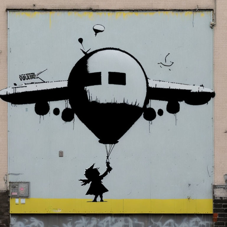 Silhouette street art mural with girl releasing heart balloon and airplane on grey background