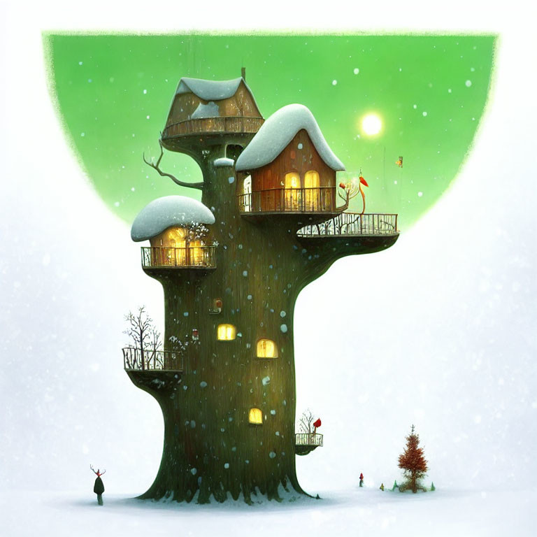 Illustration of cozy house in large tree amidst snowy landscape