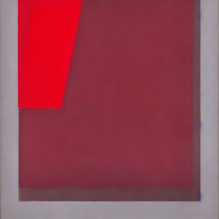 Red square overlaid by vertical rectangle in abstract painting