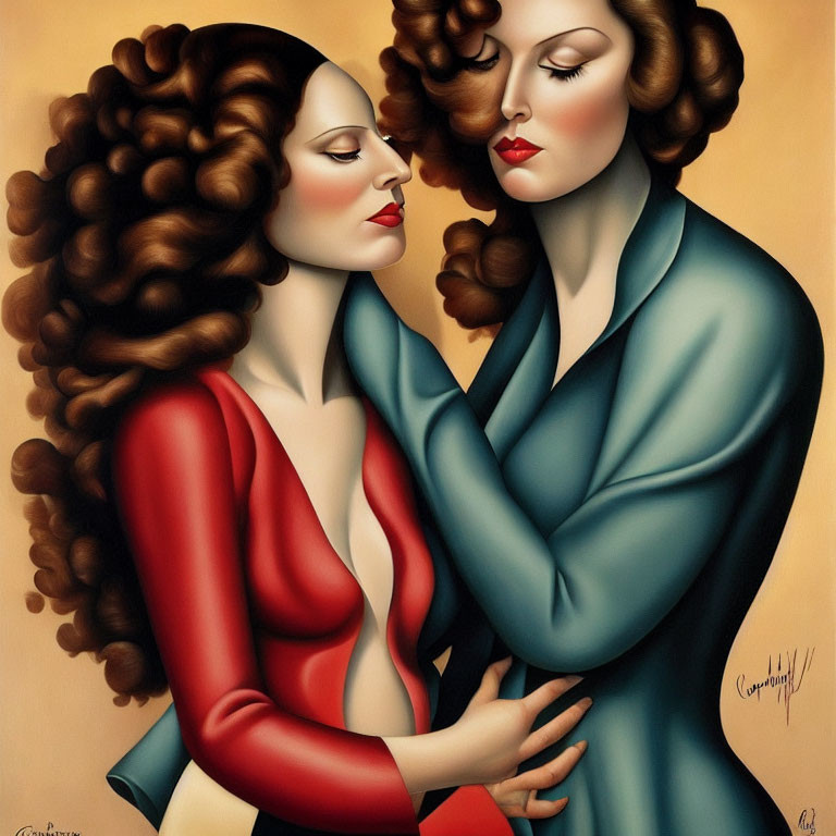 Two women embracing in red and blue attire under dramatic lighting