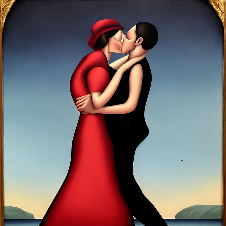 Stylized Couple Kissing in Red and Black with Seascape