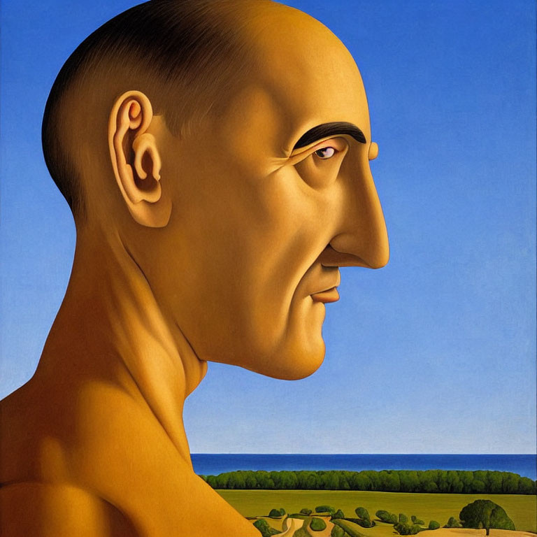Surrealistic Profile View Painting with Large Head & Serene Landscape