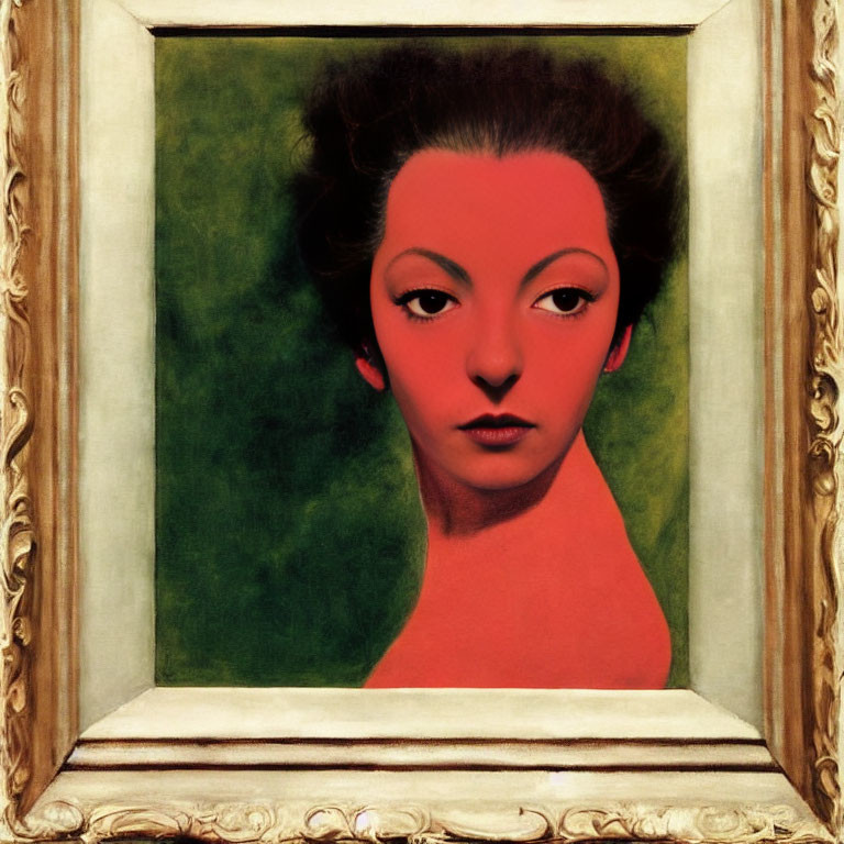 Stylized woman portrait with prominent eyes in gold frame