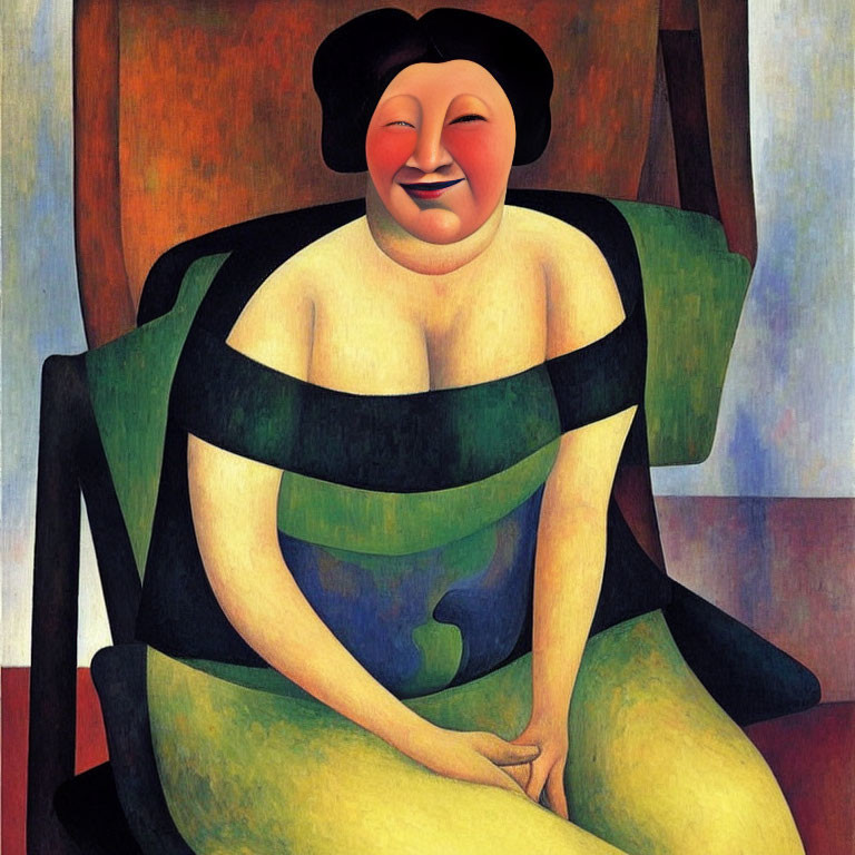 Seated woman with exaggerated features and clown filter in painting