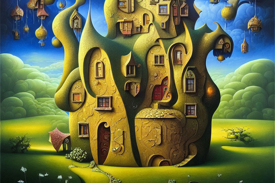 Whimsical painting of tree, houses, and lanterns in surreal setting