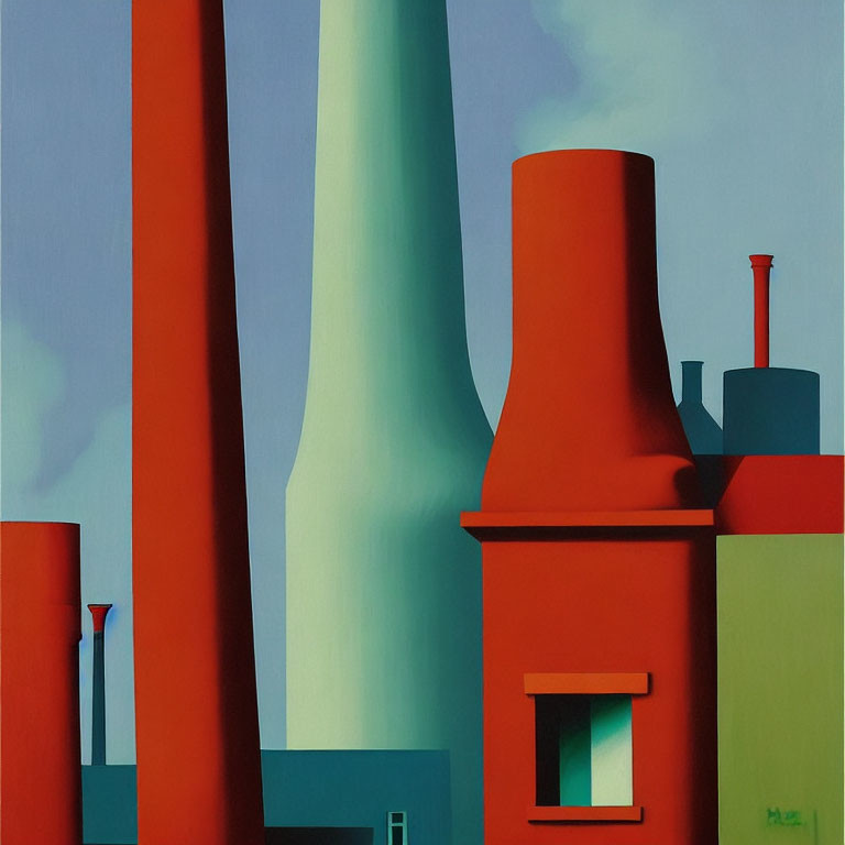 Abstract painting of colorful industrial buildings and smokestacks against a clear sky