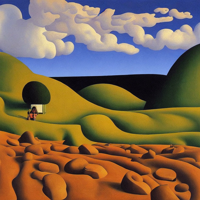 Surreal landscape with green hills, blue sky, clouds, tent, and person among rock formations
