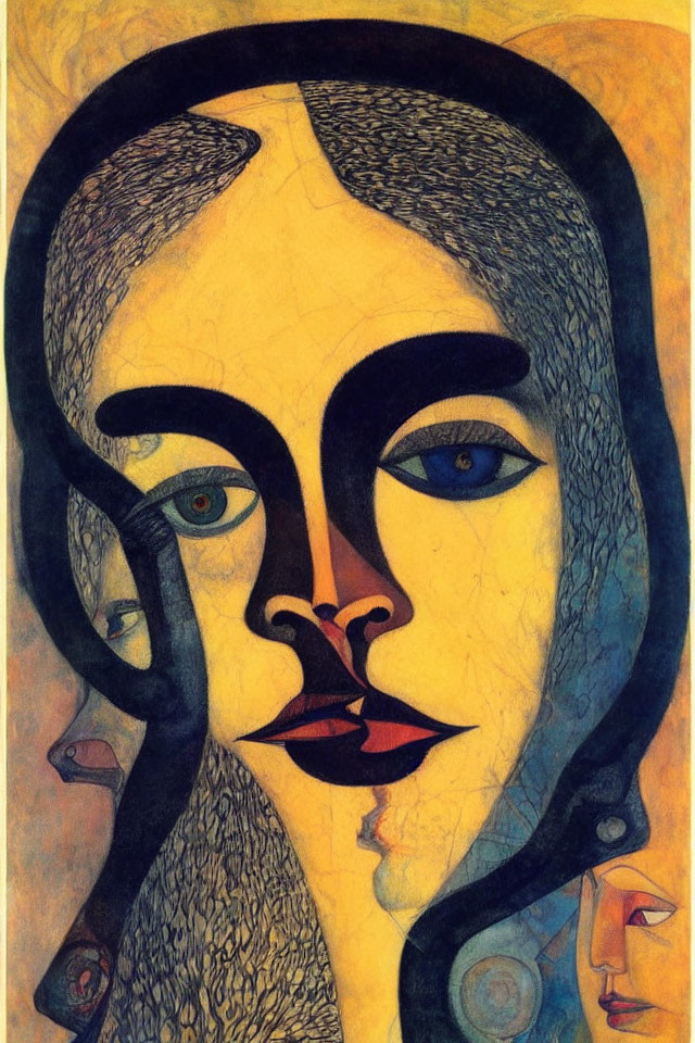 Abstract painting featuring face with large eyes, prominent lips, and swirling lines