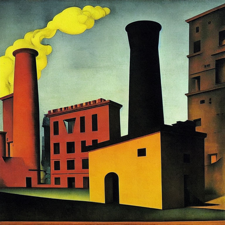 Surrealist painting of oversized industrial chimneys and geometric buildings