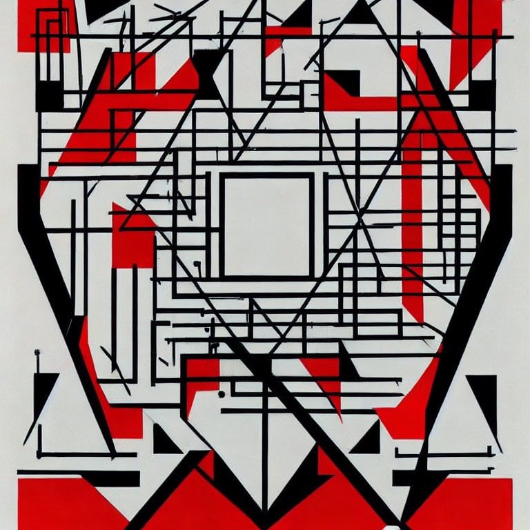 Black, Red, and White Abstract Geometric Pattern with Complex Lines and Shapes
