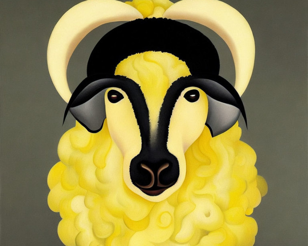 Curly yellow fleece sheep illustration with black and white features