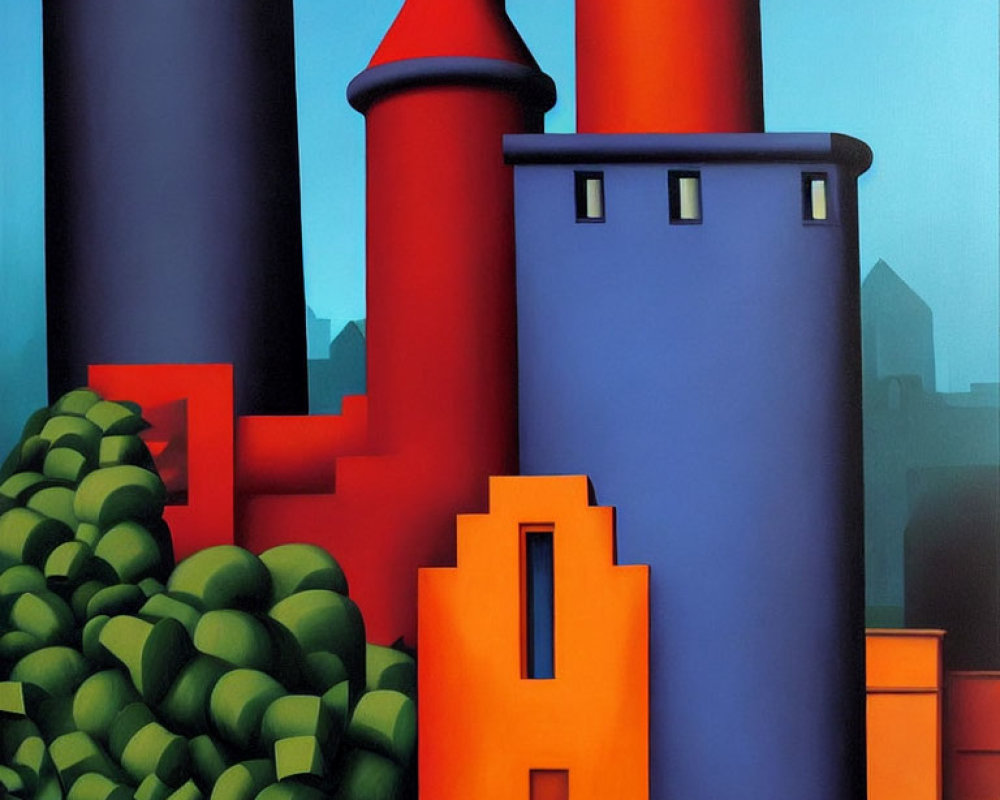 Vibrant stylized artwork of industrial buildings and chimneys against blue sky