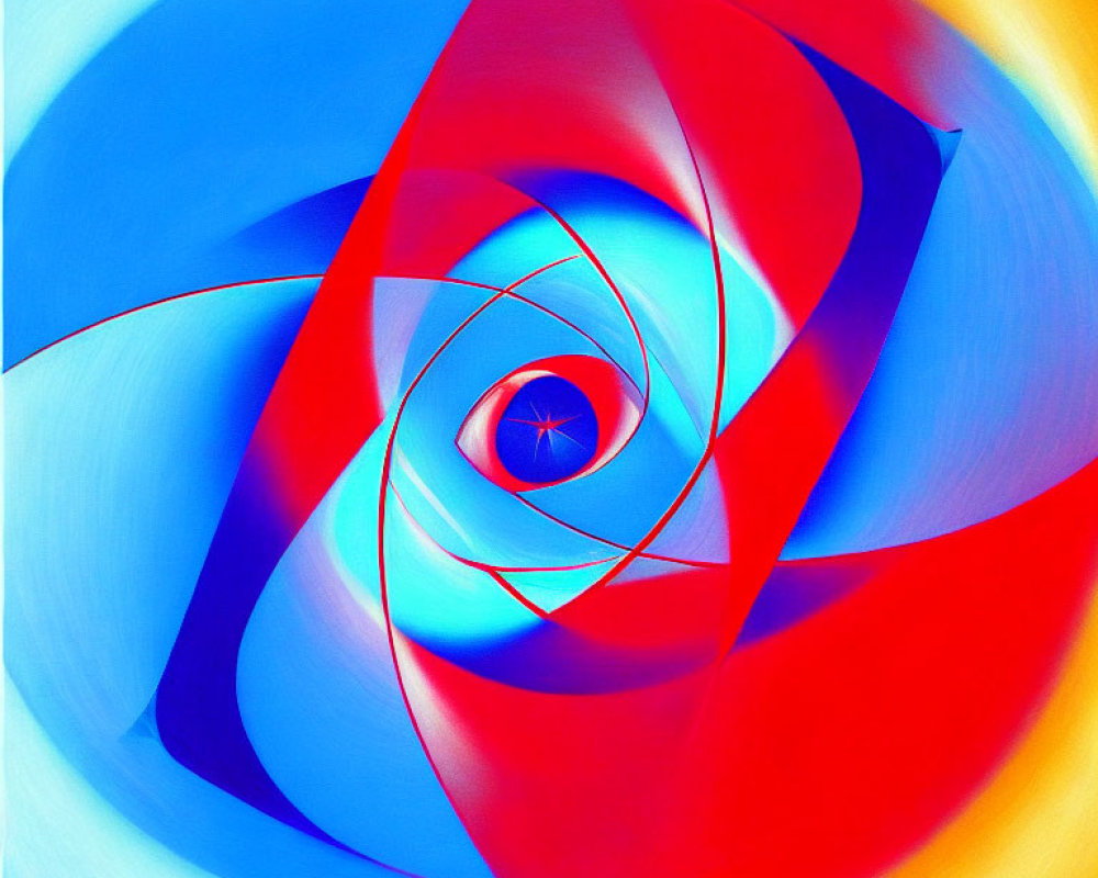 Vibrant red and blue swirls in abstract digital art with optical illusion and white spirals