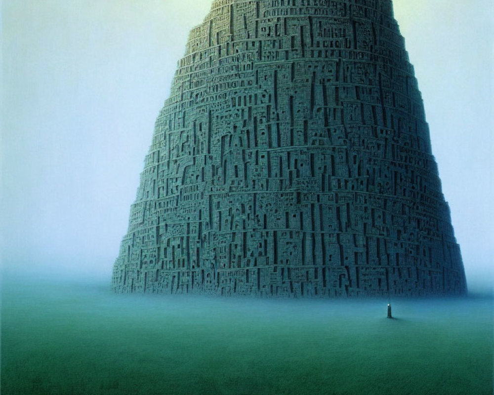 Mysterious labyrinthine tower in blue-green haze