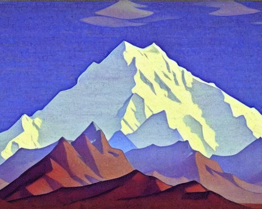 Stylized mountain painting with snowy peaks and purple hills