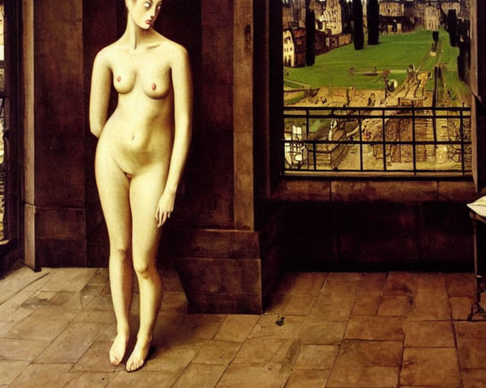 Nude woman in room with open doorway showing historic cityscape