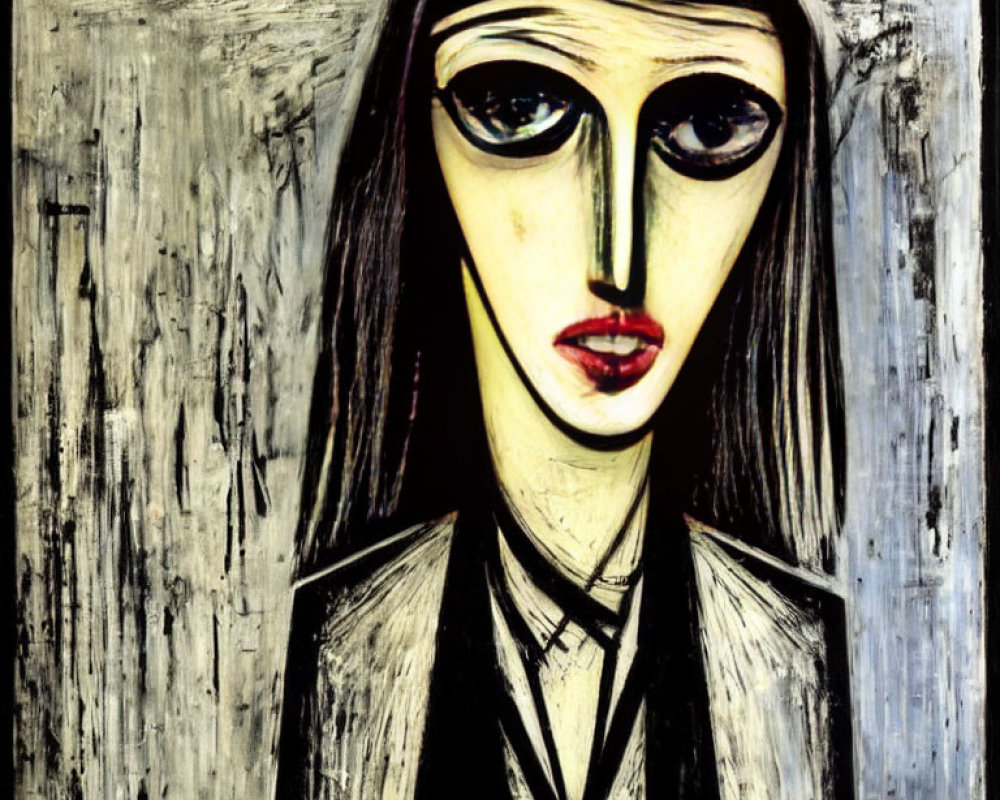 Abstract painting of stylized female figure with elongated features and oversized eyes on textured grey background
