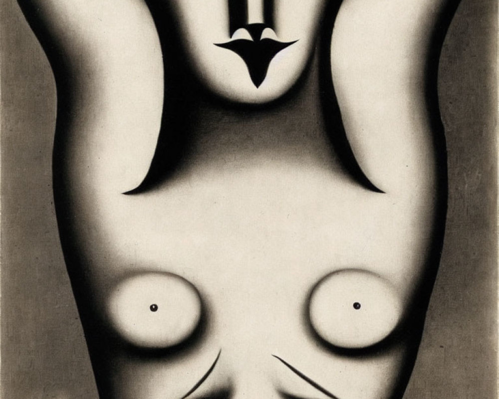 Surrealist black and white image of abstract face with dual nude figure elements