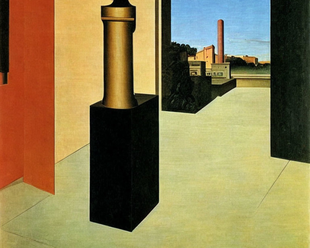 Surrealist painting with bold shapes, pedestal, sphere, shadows, industrial background