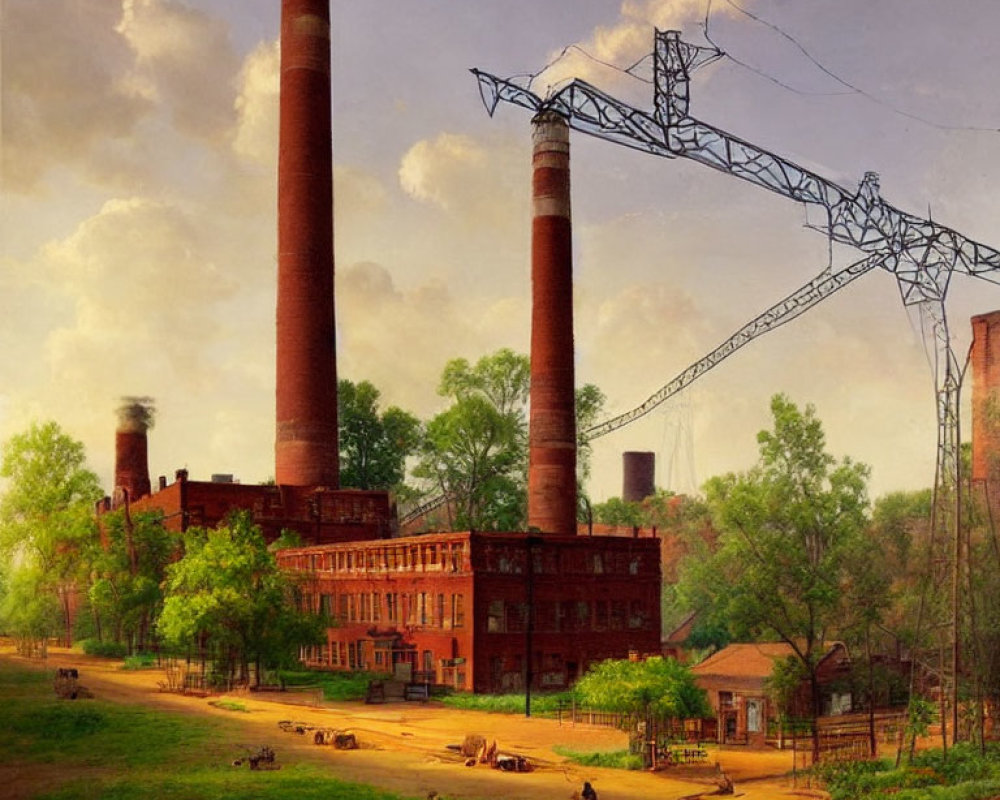 Industrial painting featuring twin smokestacks, brick buildings, power lines, and figures in nature under a