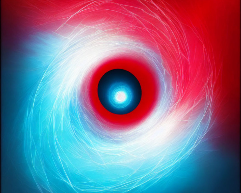 Abstract swirling red to blue gradient pattern with dark circle and blue dot