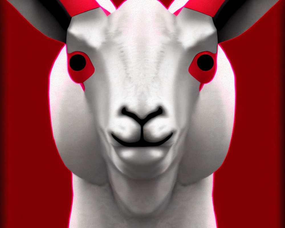 Stylized white sheep face on red background art.