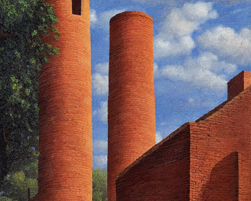Industrial red brick structures with tall chimneys under blue sky and fluffy clouds, surrounded by green foliage.
