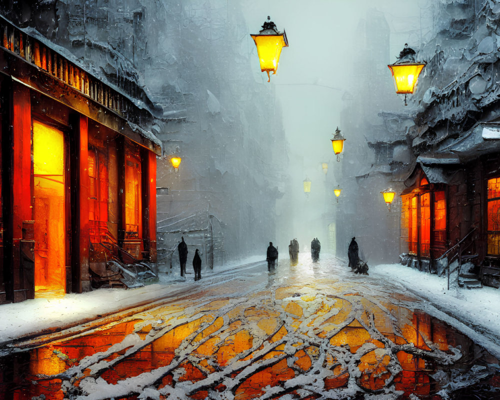 Snowy Street Scene with Golden-Lit Storefronts and Silhouetted Figures