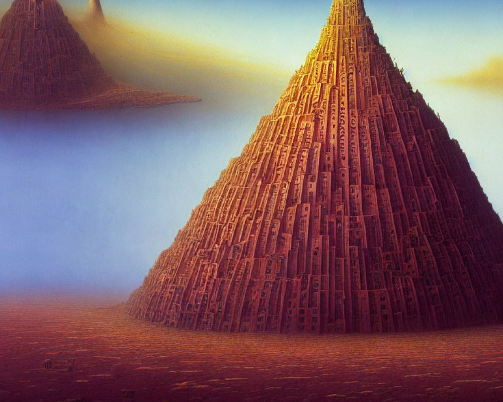 Surreal artwork: Pyramids of intricate buildings under twilight sky