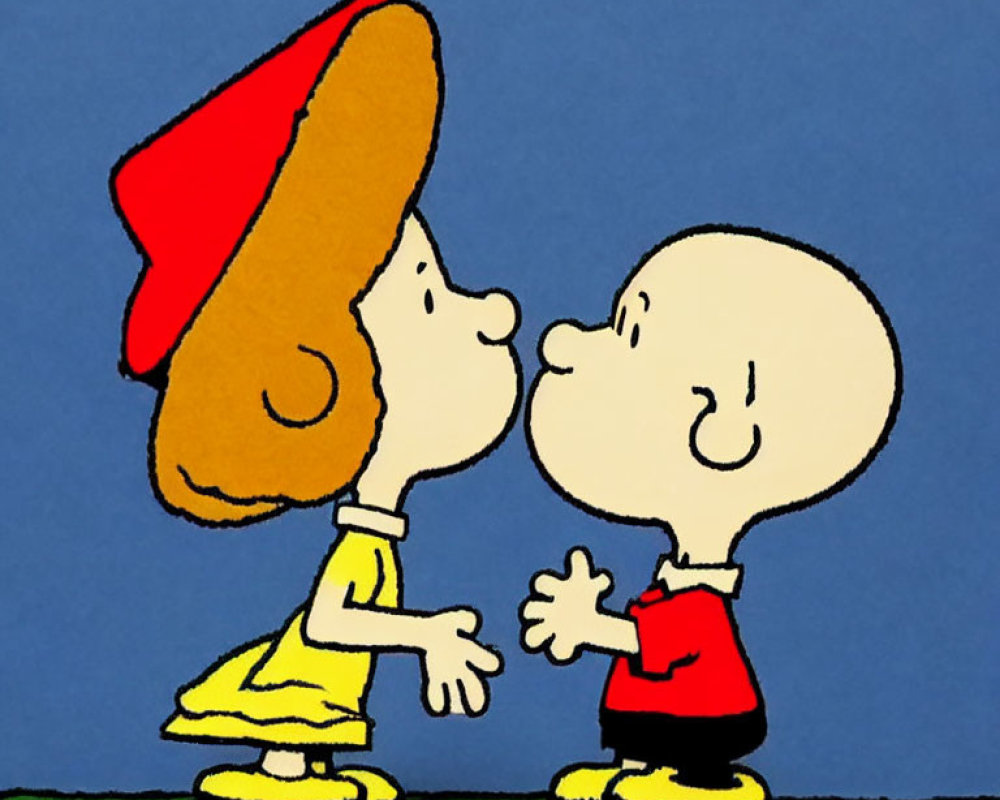 Animated characters in red hat and yellow dress kissing on green ground against blue background