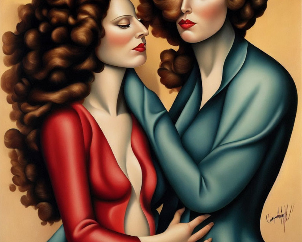 Two women embracing in red and blue attire under dramatic lighting