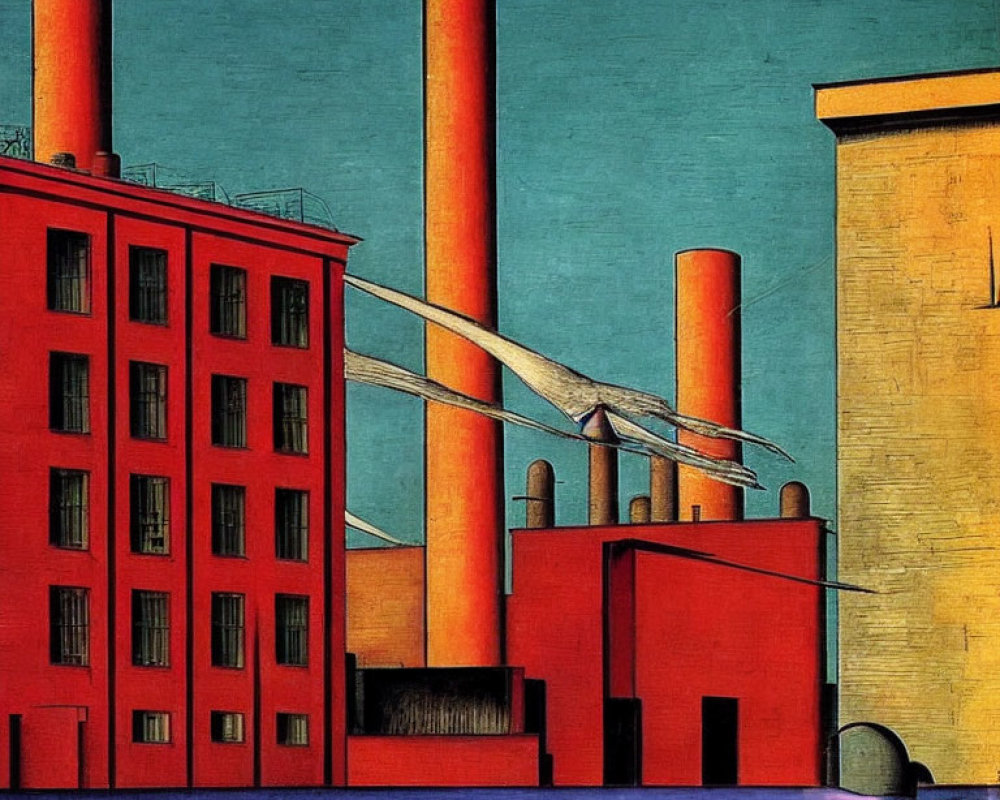 Geometric industrial landscape with red smokestacks and buildings in red and yellow against a blue sky