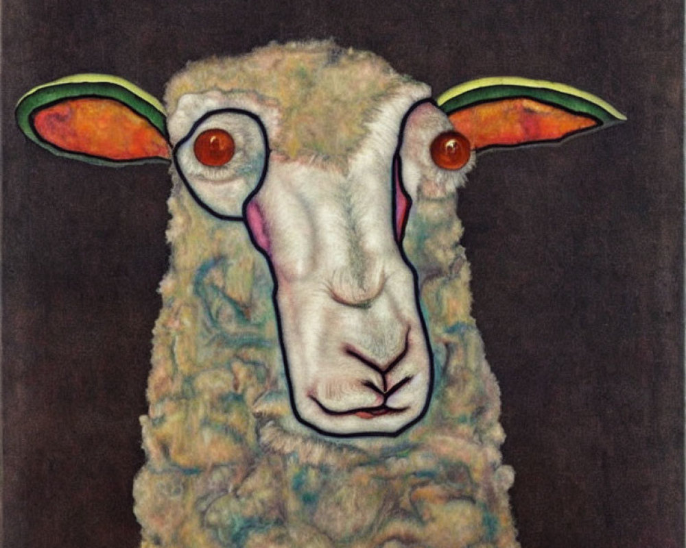 Surreal sheep painting with intense gaze and colorful oversized ears