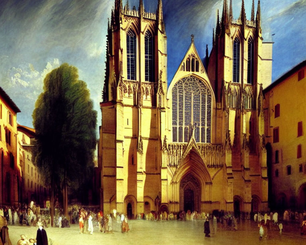 Gothic Cathedral Painting with Period-Clothed Figures and Dramatic Sky