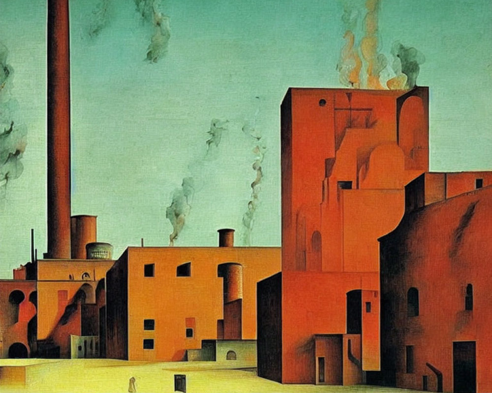 Industrial landscape painting with smokestacks, geometric buildings, smoke, and lone figure.